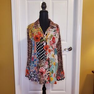 Shana Silk Shirt Floral Animal Print Butterflies Abstract Patchwork Artsy MEDIUM